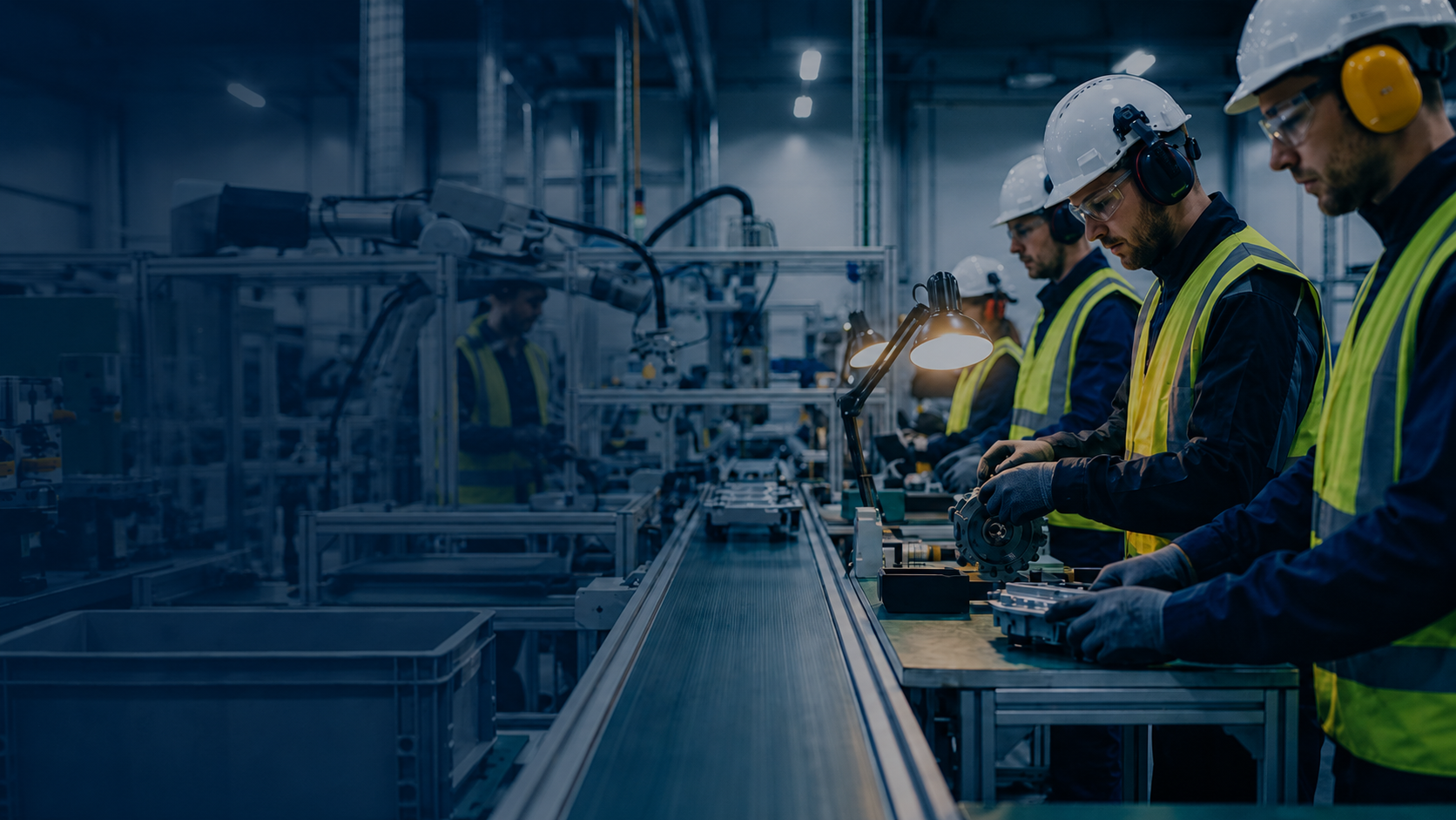 Linha de produção industrial com trabalhadores inspecionando peças